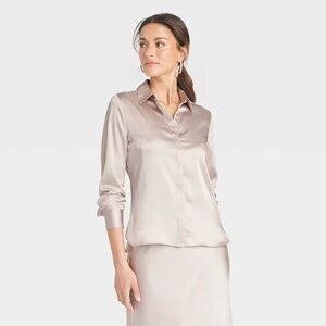 a new day Satin Button-Down Shirt in Light Taupe